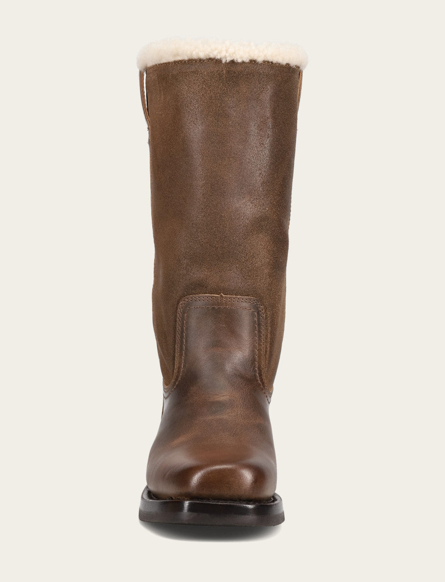 Campus Low Heel Mid Shearling Boot - Dark Taupe - Front